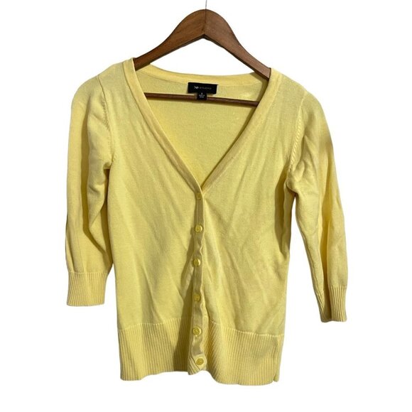 AB Studios Womens Yellow Button Up Ribbed Trim Academia Cardigan Sweater Small - Picture 1 of 6